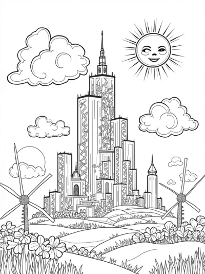Colossal Cityscape with Giant Walls and Whimsical Sun