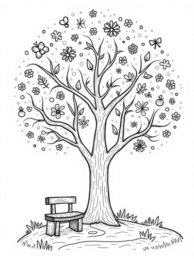 Four Seasons Tree with Flowers, Suns, Leaves, and Snowflakes