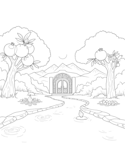 Serene Garden with Fruit Trees and a Winding River