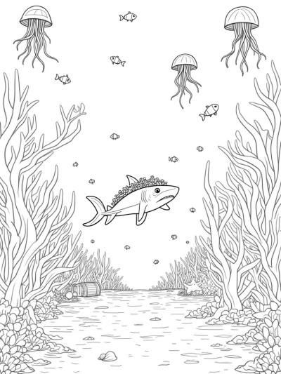 Underwater Garden with a Wise Shark and Colorful Corals