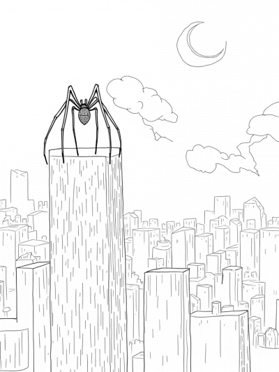 Cityscape with Giant Spiderwebs and a Glass Spider Sculpture