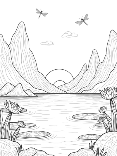 Tranquil Lake at Sunset with Dragonflies and Lily Pads