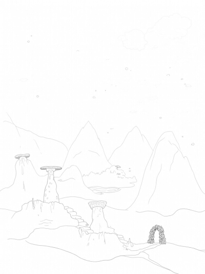 Whimsical Hillside with Colorful Mushrooms and Waterfalls