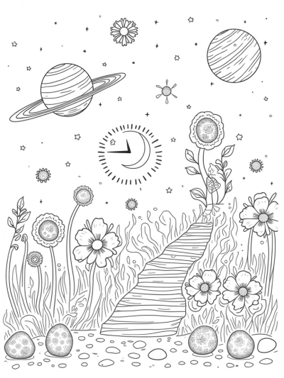 Cosmic Garden with Planets and Flowers