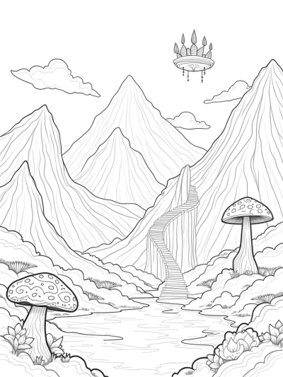 Magical Mountain Landscape with Lotus and Waterfall