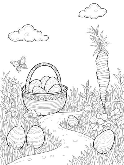 Pastel Eggs and Bunny Clouds in a Whimsical Garden