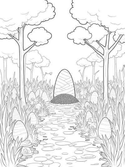 Colorful Eggs and Bunnies in a Garden