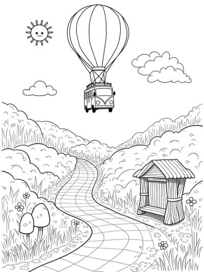Bus-Shaped Hot Air Balloon in a Colorful Forest