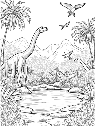 Brachiosaurus and Velociraptors in a Prehistoric Jungle