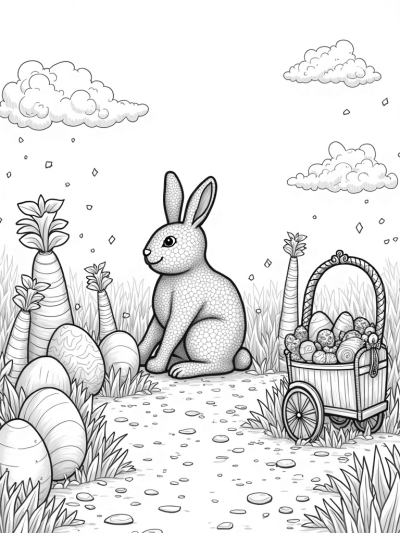 Easter Eggs and Bunny Topiary in a Colorful Garden