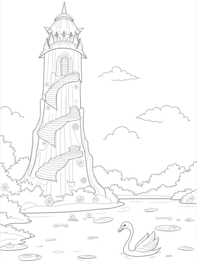 Enchanted Tower with Floating Tiara and Graceful Swans