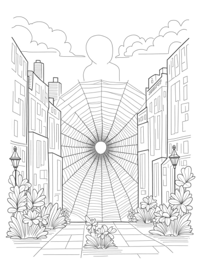 Urban Spider Web Skyline with Flower Blooms