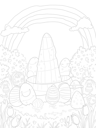 Giant Carrot Fountain in a Colorful Egg Garden