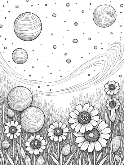Cosmic Garden with Flower Planets and a Moonflower
