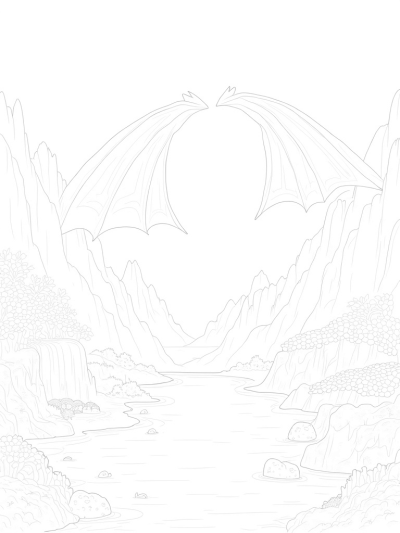 Mountain Landscape with Dragon Wings and Glowing Eggs