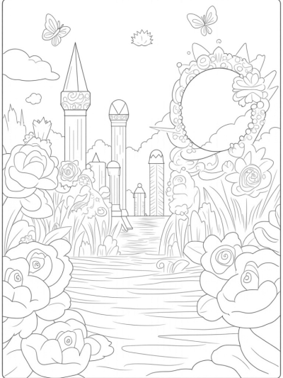 Enchanted Garden with Crystal Fountain and Candy Castle