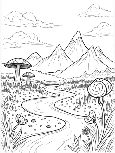 Whimsical Meadow with Giant Flowers and a Winding River