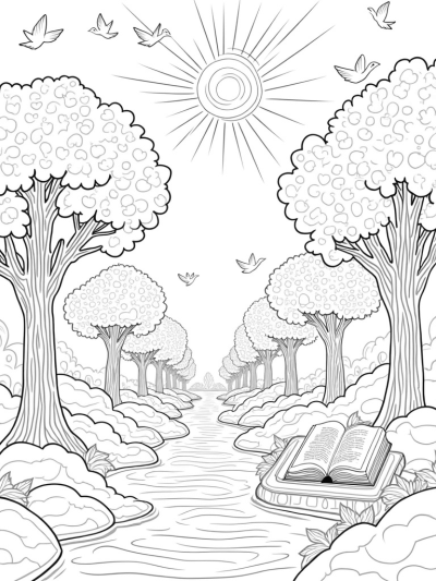 Serene Garden with Multicolored Fruit Trees and Crystalline River