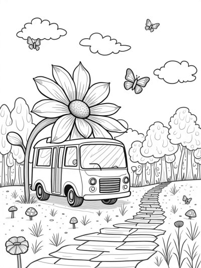Flower-Shaped Bus with Butterflies and Mushrooms