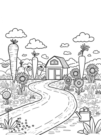 Giant Vegetables and a Barn-Shaped Apple in a Colorful Farm Landscape