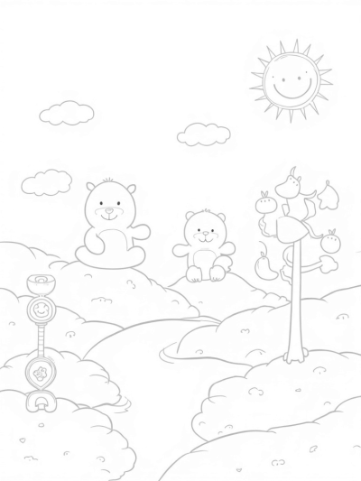 Nursery Landscape with Plush Toys and Colorful Rattles