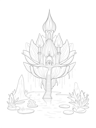 Floating Castle with Crown-Shaped Flowers and Elegant Swans