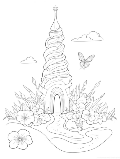 Shimmering Glass Castle Tower with Giant Flowers