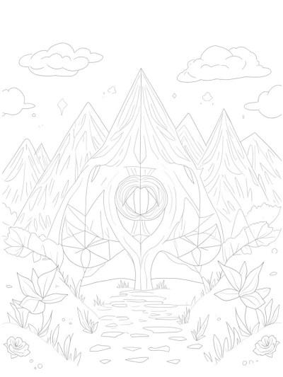 Geometric Mountain Landscape with Triangle Tree and Flowers
