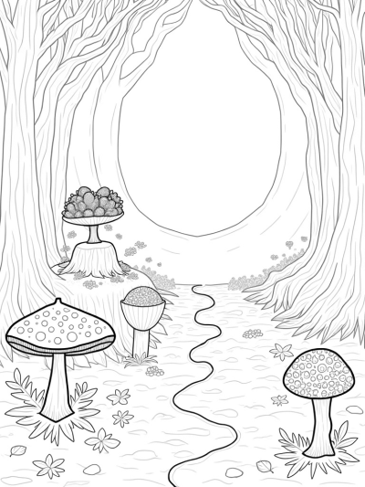 Enchanted Forest with Giant Mushrooms and a Gnarled Tree
