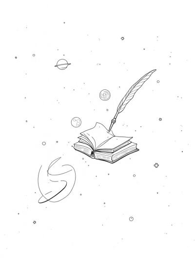 Cosmic Library with Glowing Books and a Comet Quill