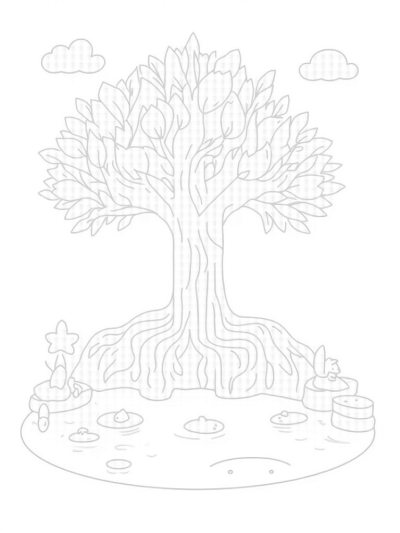 Serene Tree with Spiral Roots and Starry Lily Pads