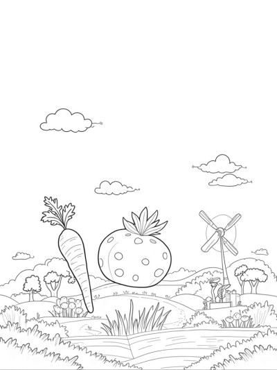 Giant Fruits and Veggies in a Farm Landscape