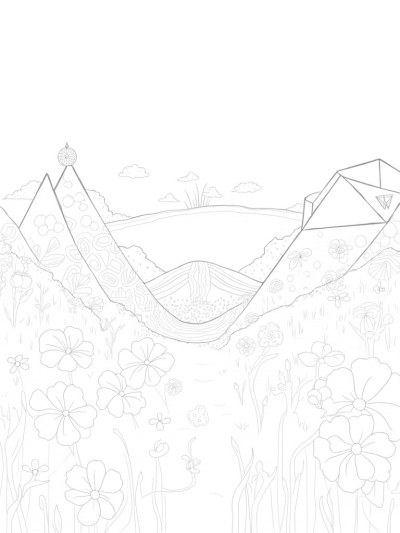 Geometric Flower Meadow with Colorful River