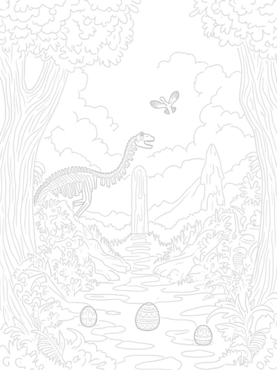 Colossal Dinosaur Skeleton in a Prehistoric Jungle