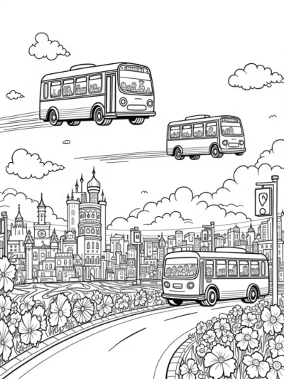 Colorful Buses in a Whimsical Cityscape
