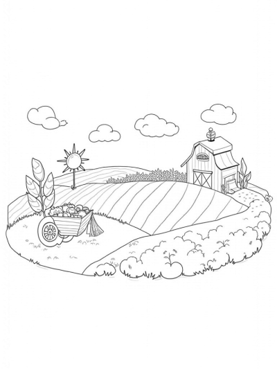 Patchwork Field with Colorful Crops and an Apple Barn