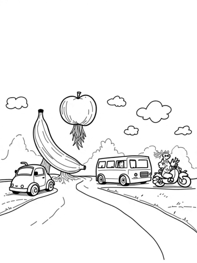 Fruit Cars in a Whimsical Cityscape