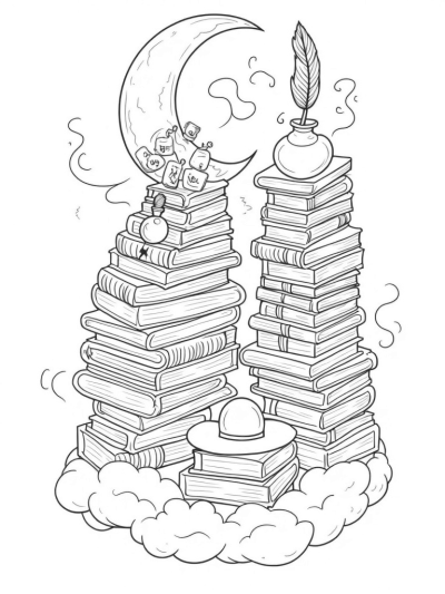 Floating Library with Spellbooks and Enchanted Quills