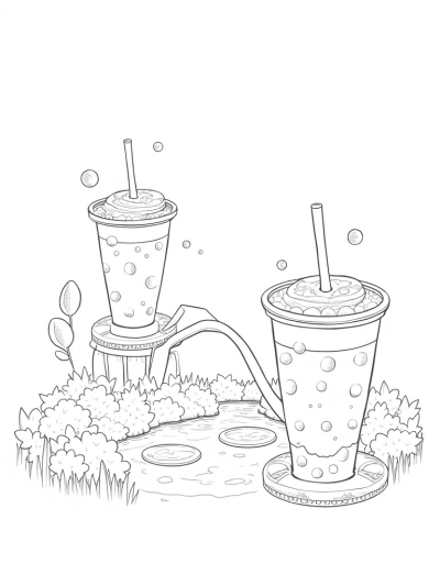 Boba Tea Garden with Oversized Cups and Bubbles