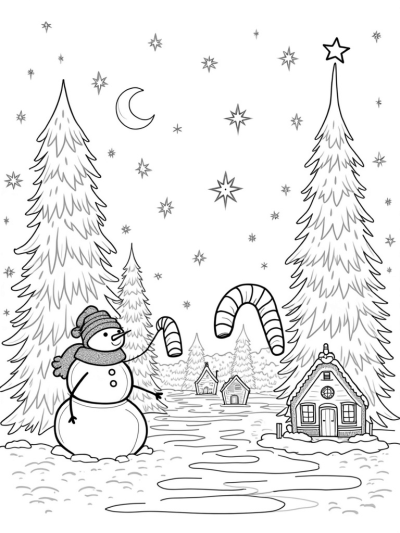 Charming Winter Village with Snowman and Candy Cane