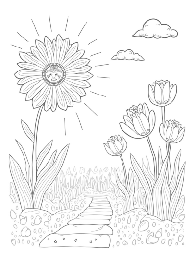 Oversized Flowers and a Smiling Daisy in a Magical Garden