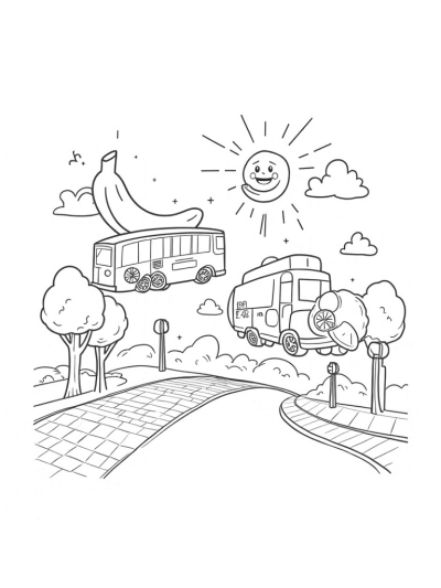 Fruit-Shaped Buses at a Colorful Intersection