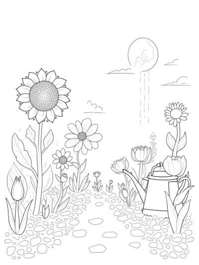 Giant Flowers and a Vintage Watering Can in a Whimsical Garden