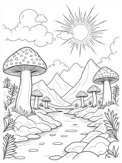 Enchanted Valley of Giant Mushrooms and Shimmering Pebbles