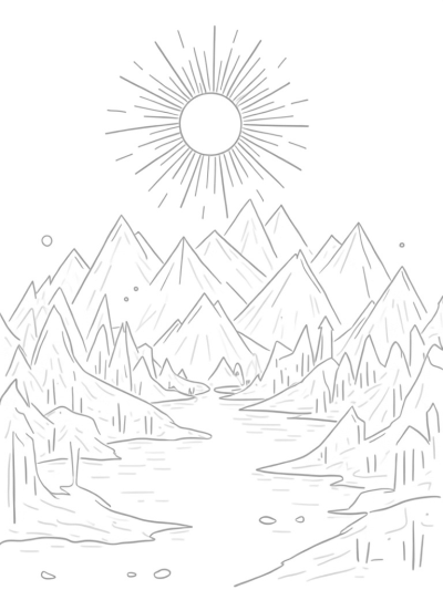 Triangular Mountain Landscape with Sunburst and Tranquil Lake