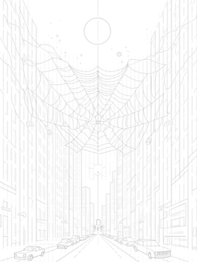 Urban Skyline with Spider Gadgets and Webs