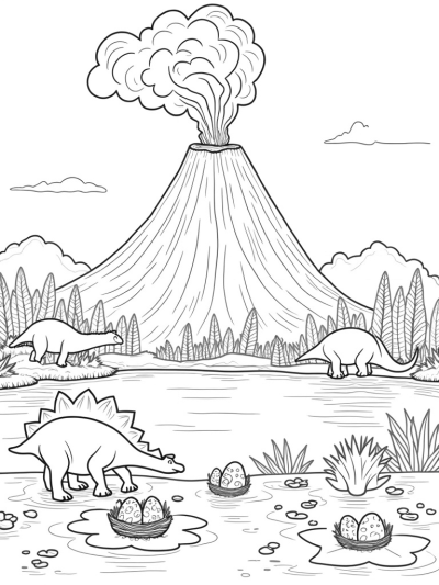 Erupting Volcano with Prehistoric Dinosaurs