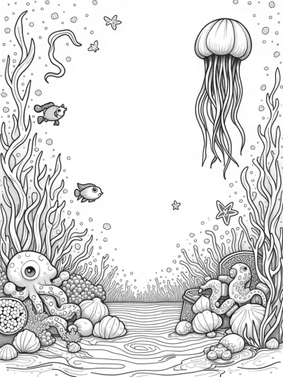 Underwater Garden with Coral Seashells and Playful Octopus