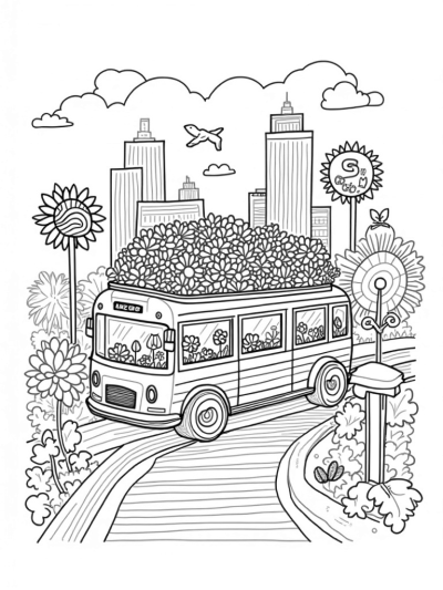 Giant Bus Garden in a Colorful Cityscape