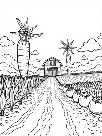 Oversized Vegetables in a Whimsical Farm Landscape